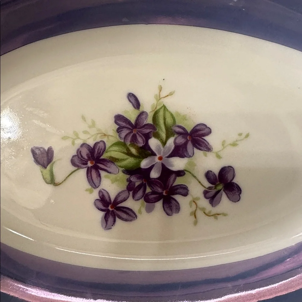 Vintage Norleans Blue Lusterware Oval Relish Dish‎ Painted Violets Iridescent